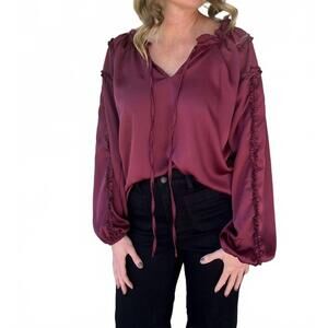 NEW HAPTICS satin long sleeve blouse - plus in wine